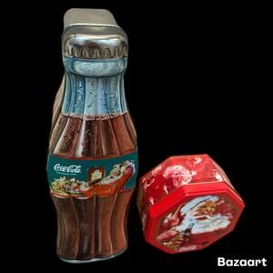 Vintage Coca Cola Christmas Tins Santa Bottle Used